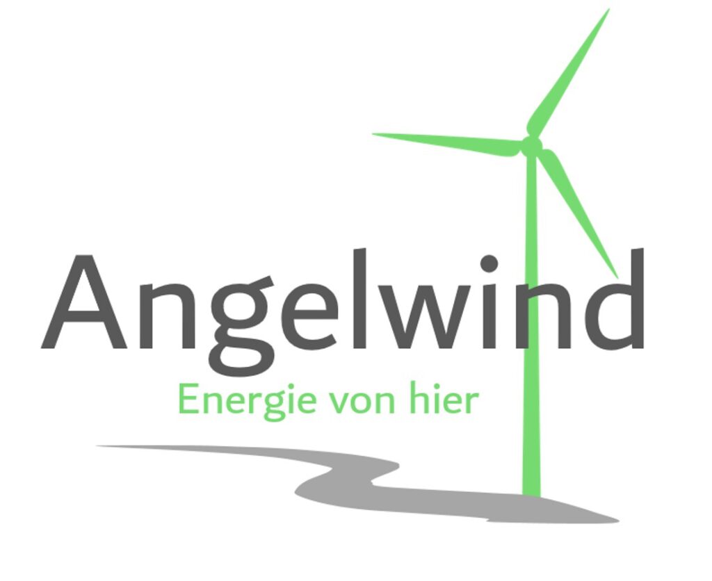 Logo, Text "Angelwind, Energie von hier" im Hintergrund eine grüne Windenergieanalage