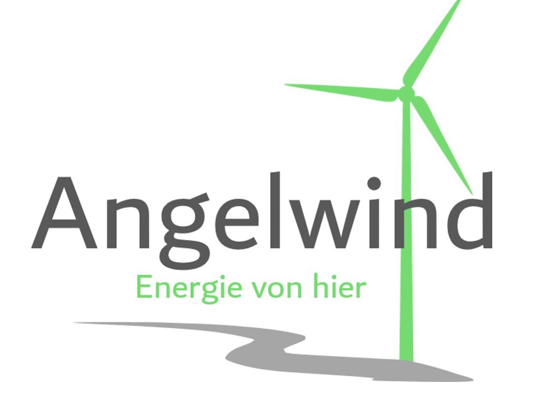 Logo, Text "Angelwind, Energie von hier" im Hintergrund eine grüne Windenergieanalage